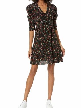 The Kooples Silk Blend Dress Puff Sleeve Fit Flare Floral Black 1 US S NWT
